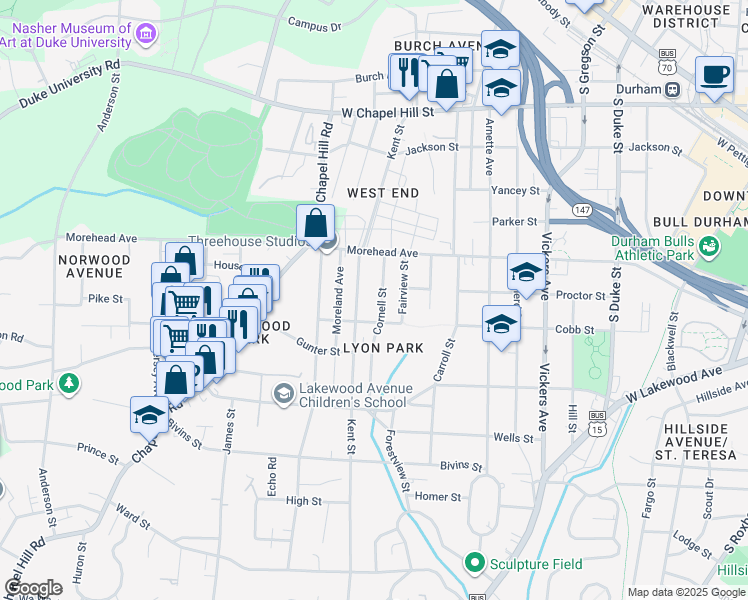 map of restaurants, bars, coffee shops, grocery stores, and more near 1308 Halley Street in Durham
