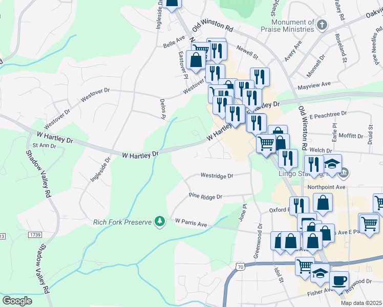 map of restaurants, bars, coffee shops, grocery stores, and more near 201 West Hartley Drive in High Point