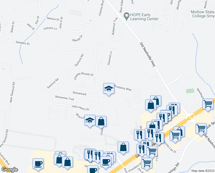 map of restaurants, bars, coffee shops, grocery stores, and more near 2205 Canopy Court in La Vergne