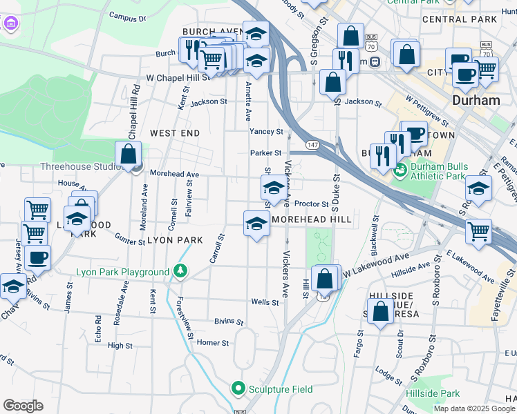 map of restaurants, bars, coffee shops, grocery stores, and more near 907 Proctor Street in Durham