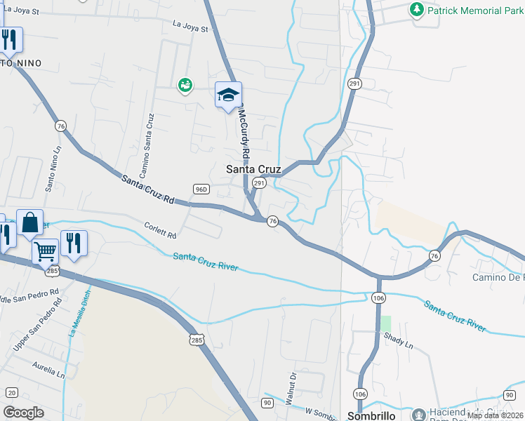 map of restaurants, bars, coffee shops, grocery stores, and more near 105 New Mexico 291 in Santa Cruz