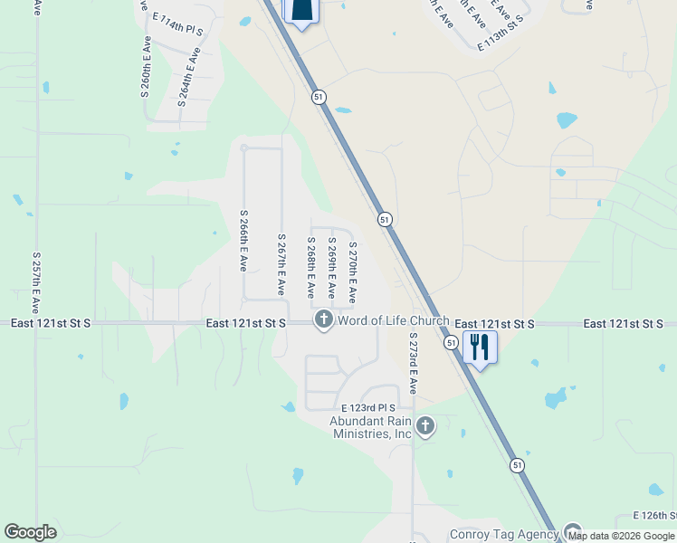 map of restaurants, bars, coffee shops, grocery stores, and more near 11967 South 269th East Avenue in Coweta