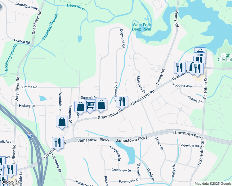 map of restaurants, bars, coffee shops, grocery stores, and more near 855 Dogwood Circle in High Point