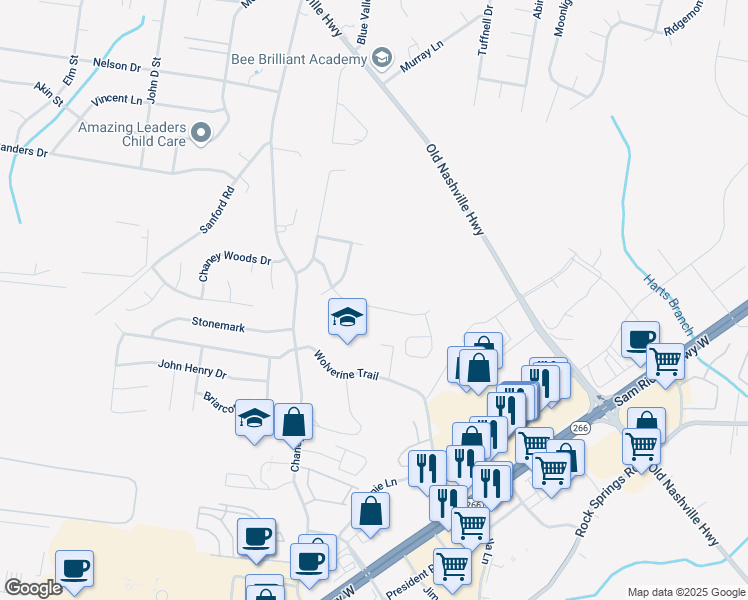 map of restaurants, bars, coffee shops, grocery stores, and more near 2123 Academy Way in La Vergne