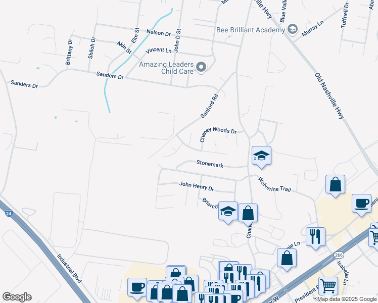 map of restaurants, bars, coffee shops, grocery stores, and more near 1053 Stonemark Trail in La Vergne