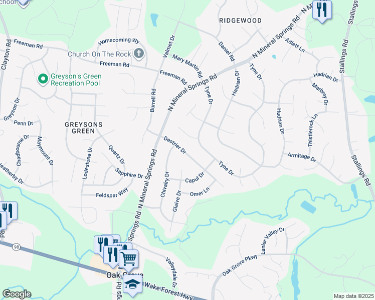 map of restaurants, bars, coffee shops, grocery stores, and more near 3905 Destrier Drive in Durham