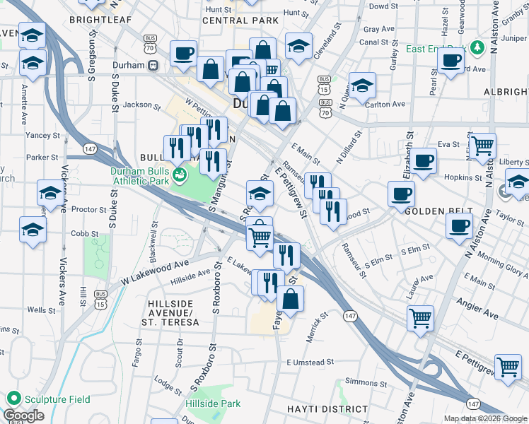 map of restaurants, bars, coffee shops, grocery stores, and more near 441 South Dillard Street in Durham