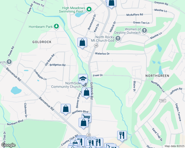 map of restaurants, bars, coffee shops, grocery stores, and more near North Carolina 48 in WESLEYAN COL