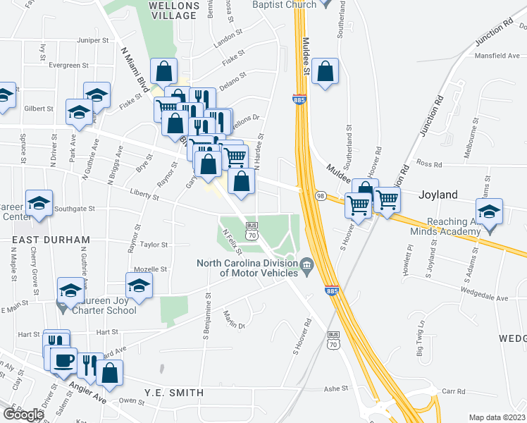 map of restaurants, bars, coffee shops, grocery stores, and more near 2001 Liberty Street in Durham