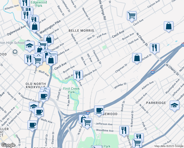 map of restaurants, bars, coffee shops, grocery stores, and more near 1817 Gillespie Avenue in Knoxville