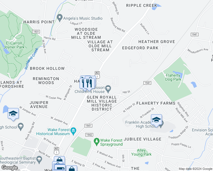 map of restaurants, bars, coffee shops, grocery stores, and more near 824 Elizabeth Avenue in Wake Forest