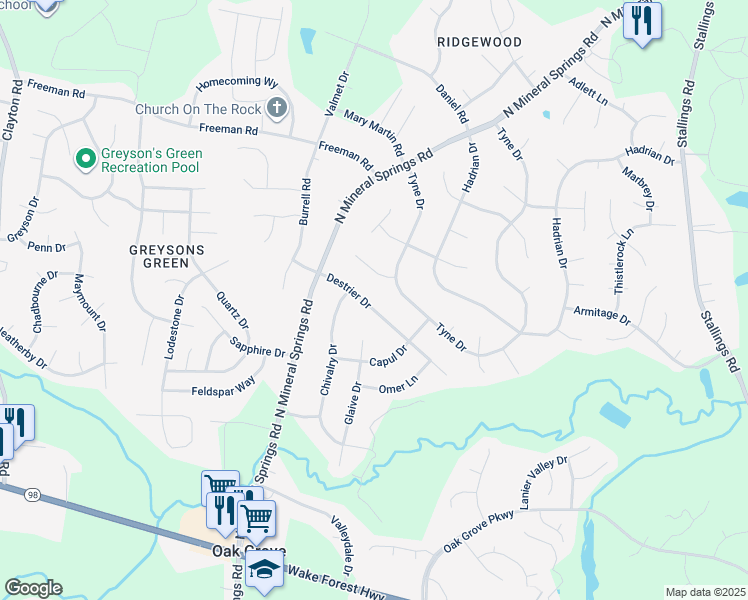map of restaurants, bars, coffee shops, grocery stores, and more near 3905 Destrier Drive in Durham