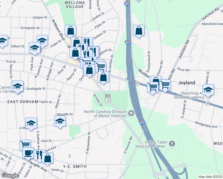 map of restaurants, bars, coffee shops, grocery stores, and more near 121 Hardee Street in Durham