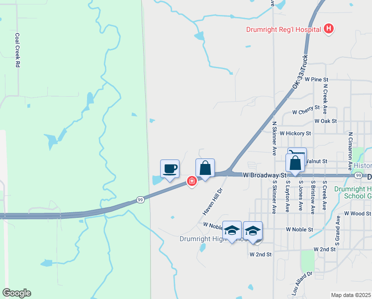map of restaurants, bars, coffee shops, grocery stores, and more near 1007 West Broadway Street in Drumright
