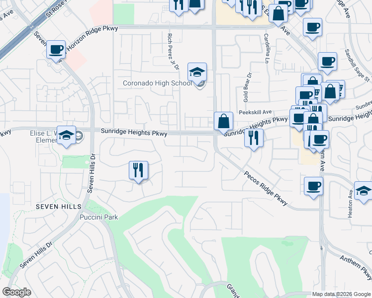 map of restaurants, bars, coffee shops, grocery stores, and more near Rich Perez Junior Drive in Henderson