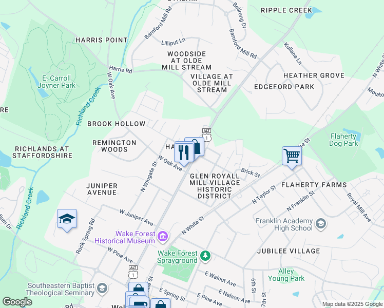 map of restaurants, bars, coffee shops, grocery stores, and more near 200 West Chestnut Avenue in Wake Forest