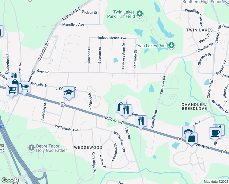 map of restaurants, bars, coffee shops, grocery stores, and more near 2918 Ross Road in Durham
