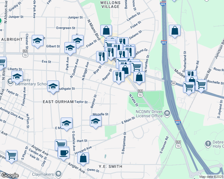 map of restaurants, bars, coffee shops, grocery stores, and more near 618 Gary Street in Durham