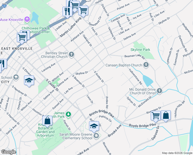 map of restaurants, bars, coffee shops, grocery stores, and more near 802 South Andes Street in Knoxville