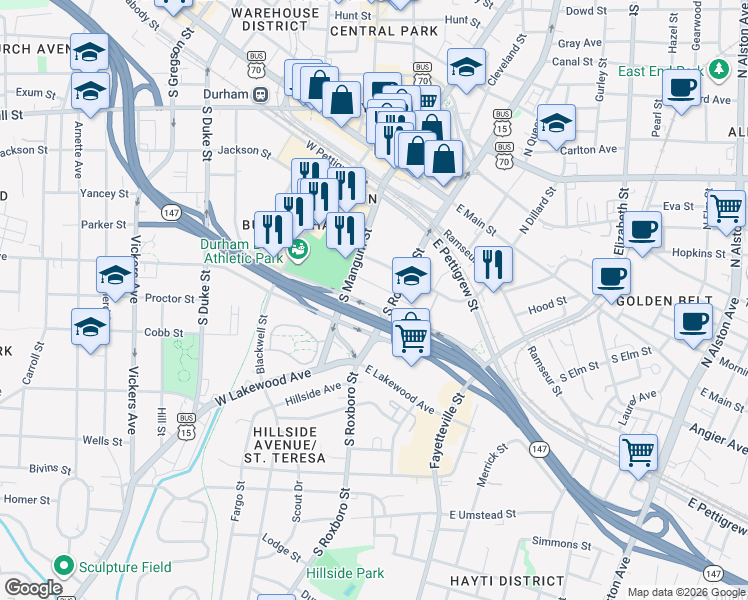 map of restaurants, bars, coffee shops, grocery stores, and more near 555 South Mangum Street in Durham