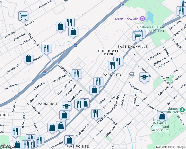 map of restaurants, bars, coffee shops, grocery stores, and more near 2711 Woodbine Avenue in Knoxville