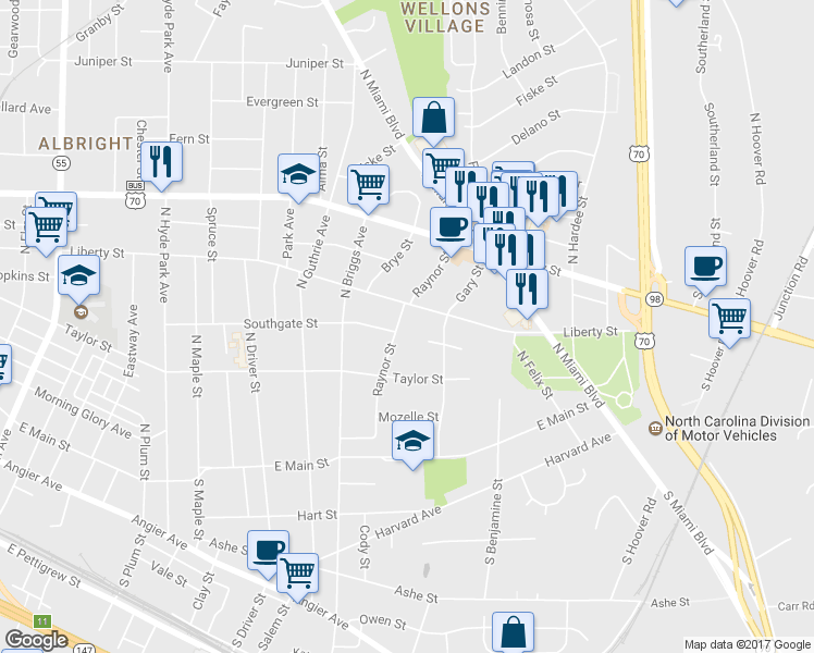 map of restaurants, bars, coffee shops, grocery stores, and more near 1710 Liberty Street in Durham