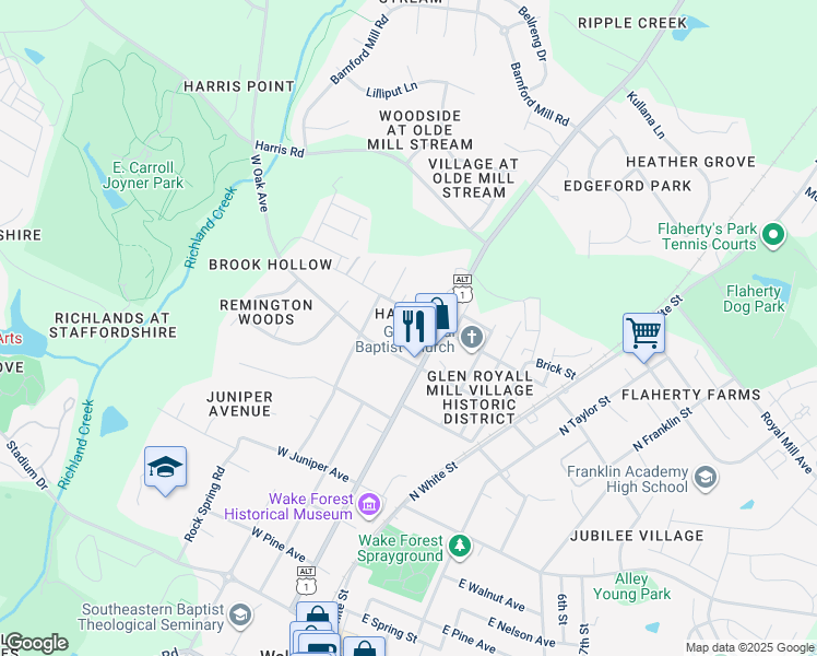 map of restaurants, bars, coffee shops, grocery stores, and more near 125 West Chestnut Avenue in Wake Forest