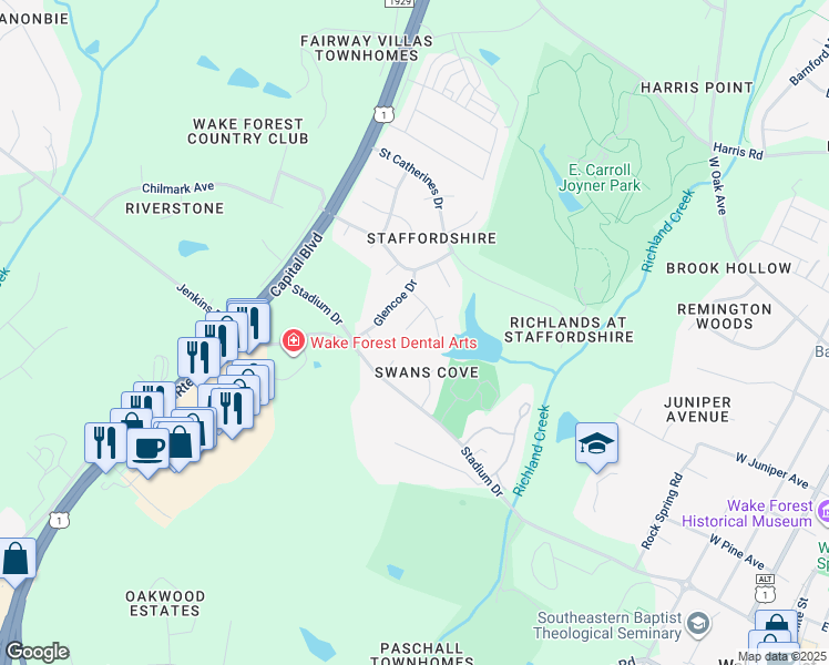 map of restaurants, bars, coffee shops, grocery stores, and more near 236 Haywicke Place in Wake Forest