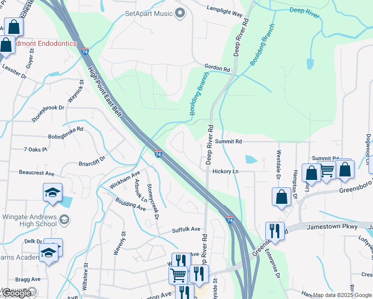 map of restaurants, bars, coffee shops, grocery stores, and more near 2780 WaterStone Loop in High Point