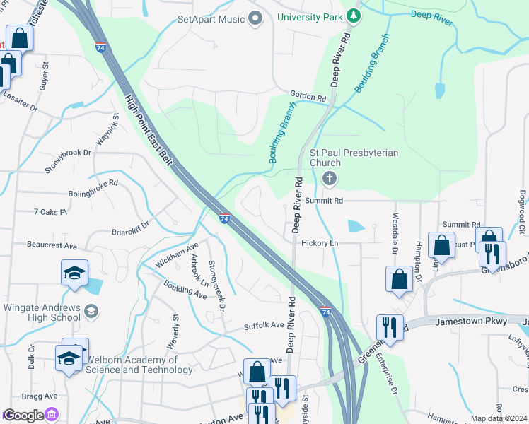 map of restaurants, bars, coffee shops, grocery stores, and more near 2780 WaterStone Loop in High Point