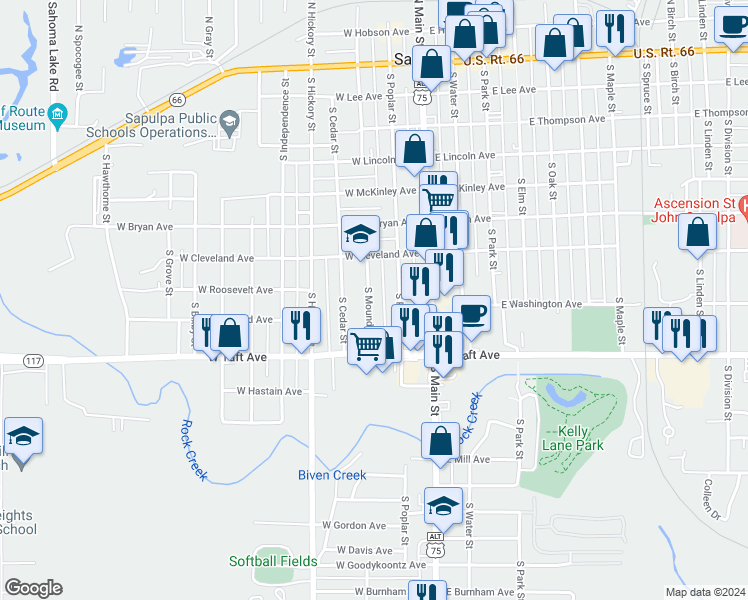 map of restaurants, bars, coffee shops, grocery stores, and more near 637 South Mounds Street in Sapulpa