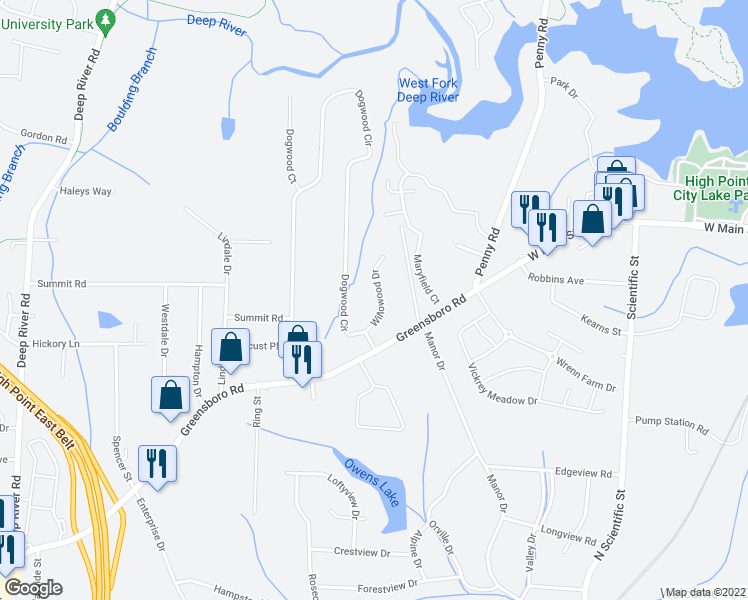 map of restaurants, bars, coffee shops, grocery stores, and more near 221 Willowood Drive in High Point