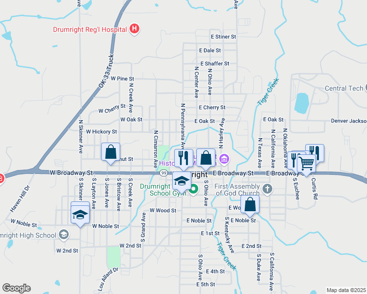 map of restaurants, bars, coffee shops, grocery stores, and more near 314 North Pennsylvania Avenue in Drumright