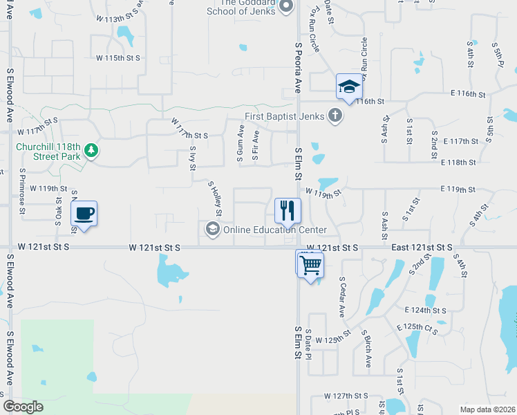 map of restaurants, bars, coffee shops, grocery stores, and more near 804 West 119th Street South in Jenks