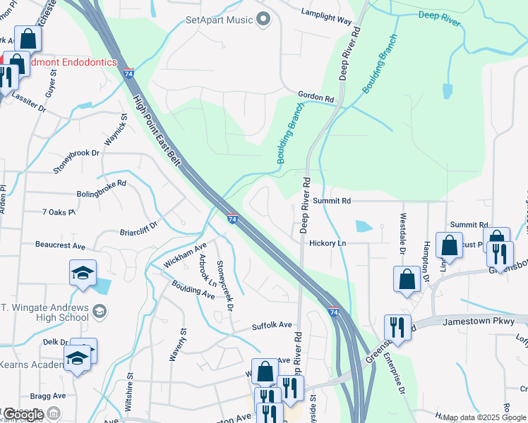 map of restaurants, bars, coffee shops, grocery stores, and more near 2889 WaterStone Loop in High Point