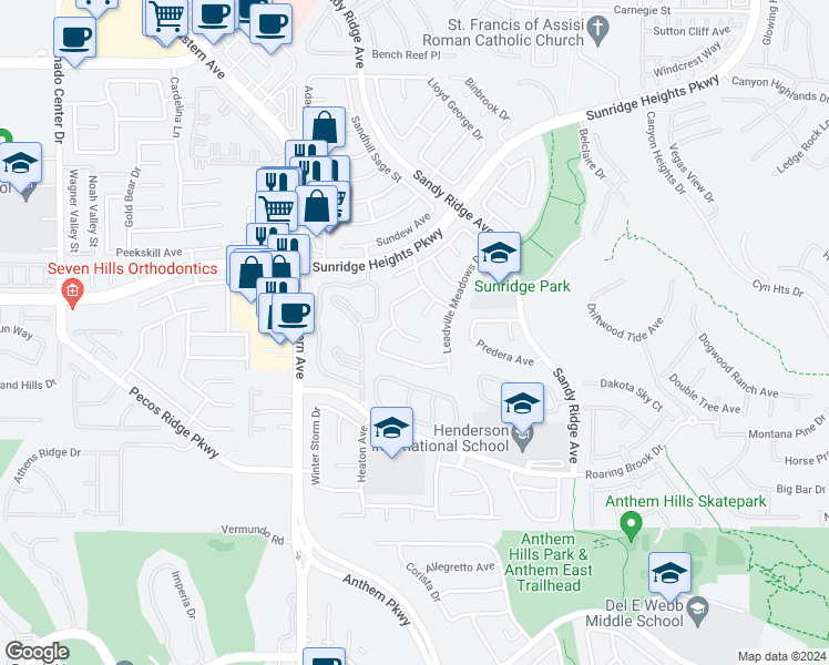 map of restaurants, bars, coffee shops, grocery stores, and more near 2474 Cedar Meadows Street in Henderson