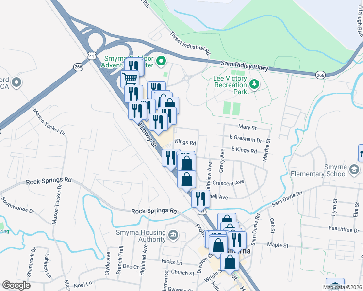 map of restaurants, bars, coffee shops, grocery stores, and more near 109 Kings Road in Smyrna