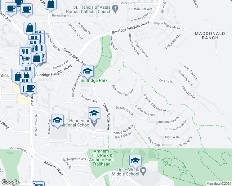 map of restaurants, bars, coffee shops, grocery stores, and more near 2270 Driftwood Tide Avenue in Henderson