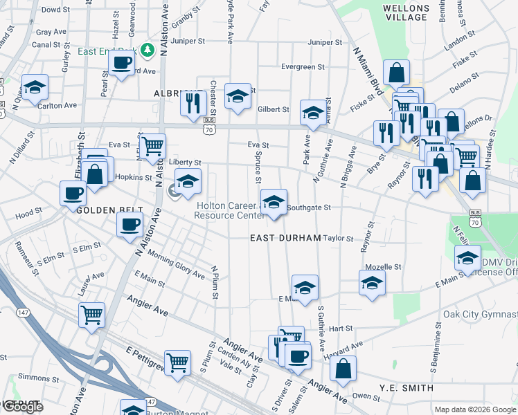 map of restaurants, bars, coffee shops, grocery stores, and more near 510 North Maple Street in Durham
