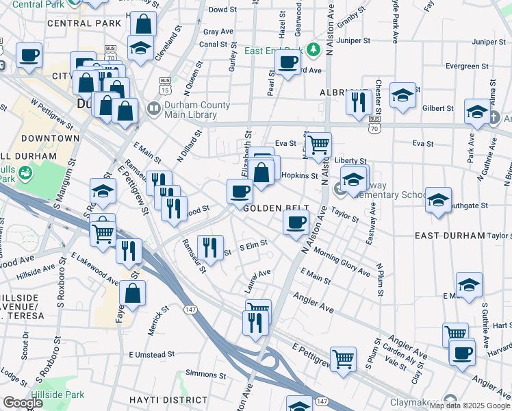map of restaurants, bars, coffee shops, grocery stores, and more near 807 East Main Street in Durham