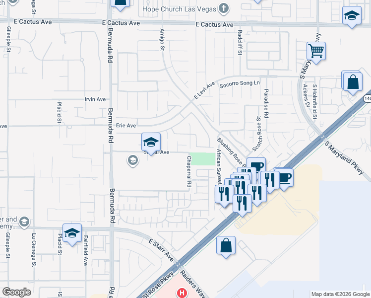 map of restaurants, bars, coffee shops, grocery stores, and more near 10958 Geyser Peak Street in Henderson