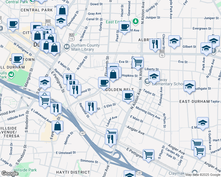 map of restaurants, bars, coffee shops, grocery stores, and more near 13 North Elizabeth Street in Durham