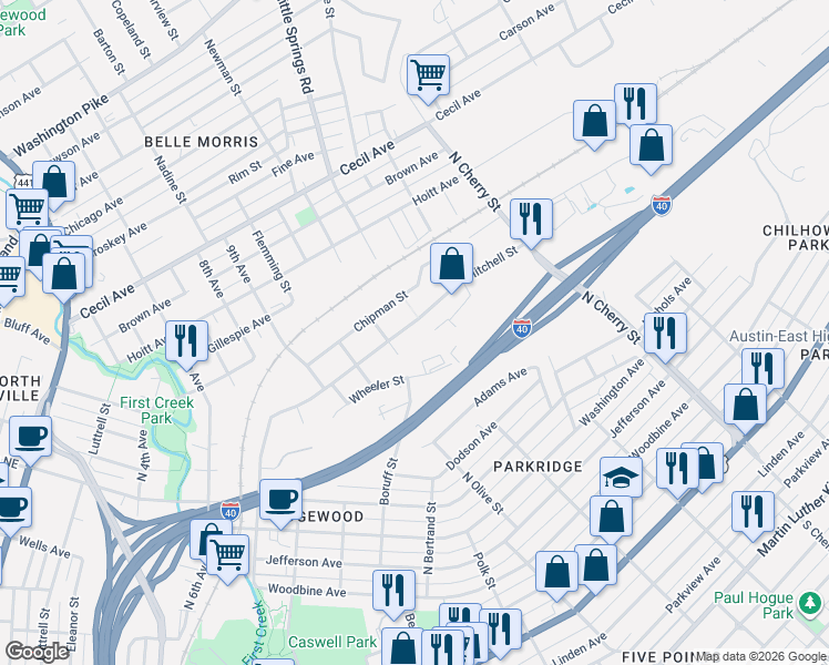 map of restaurants, bars, coffee shops, grocery stores, and more near 2325 Mitchell Street in Knoxville