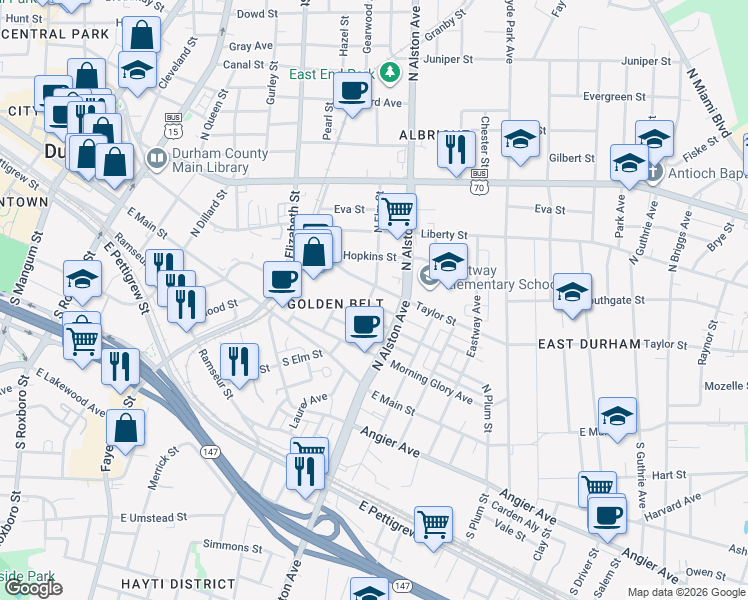 map of restaurants, bars, coffee shops, grocery stores, and more near 1101 Wall Street in Durham