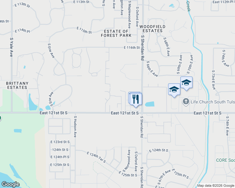 map of restaurants, bars, coffee shops, grocery stores, and more near 11823 South Kingston Avenue in Tulsa