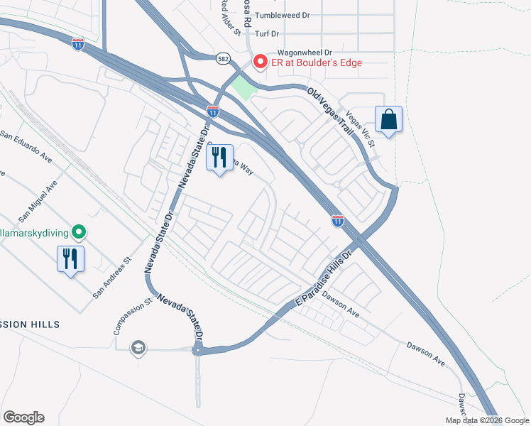 map of restaurants, bars, coffee shops, grocery stores, and more near 1079 Paradise Coach Drive in Henderson
