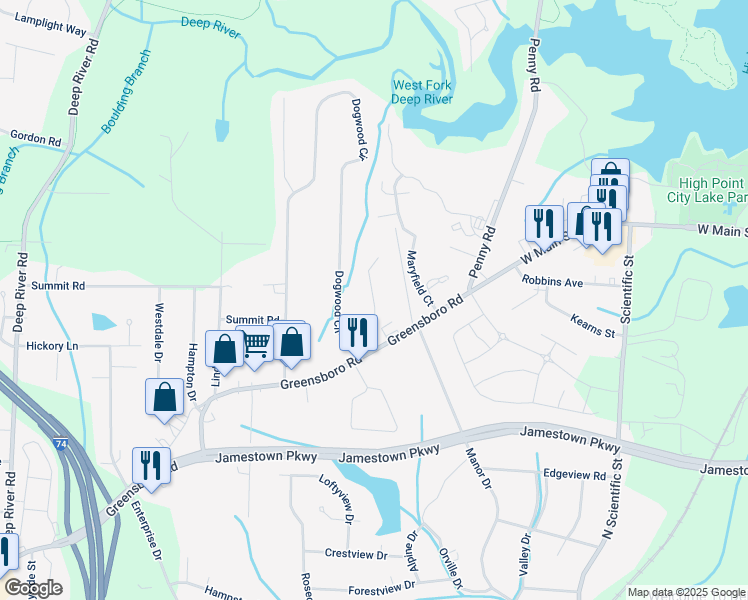map of restaurants, bars, coffee shops, grocery stores, and more near 218 Willowood Drive in High Point
