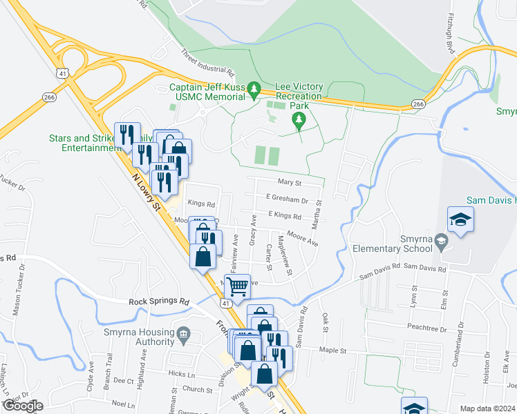map of restaurants, bars, coffee shops, grocery stores, and more near 501 Gracy Avenue in Smyrna
