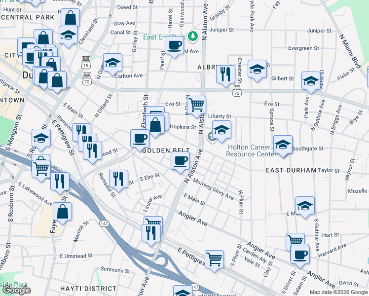 map of restaurants, bars, coffee shops, grocery stores, and more near 1101 Wall Street in Durham