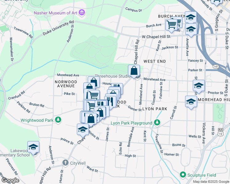 map of restaurants, bars, coffee shops, grocery stores, and more near 1806 Chapel Hill Road in Durham